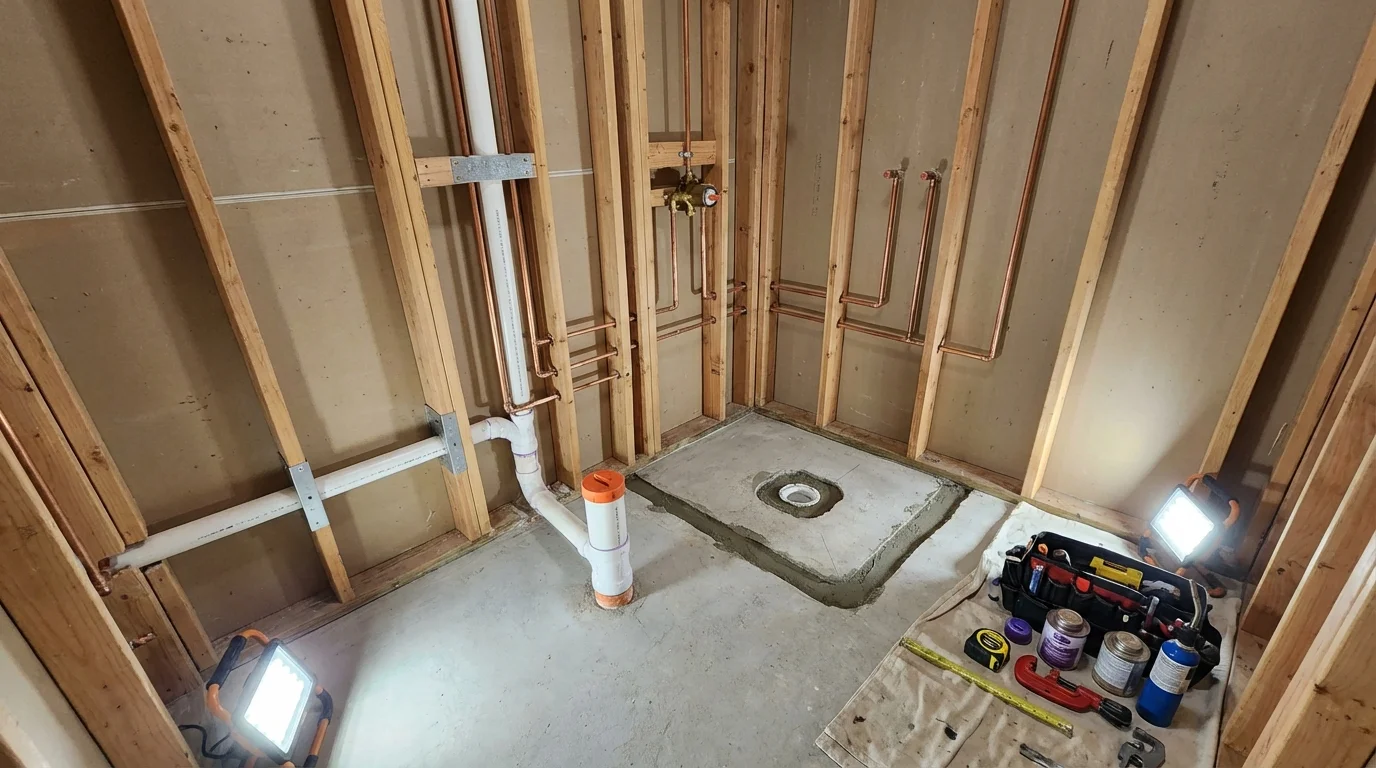 Bathroom rough-in plumbing during remodel by Johns Plumbing LLC in Lake City