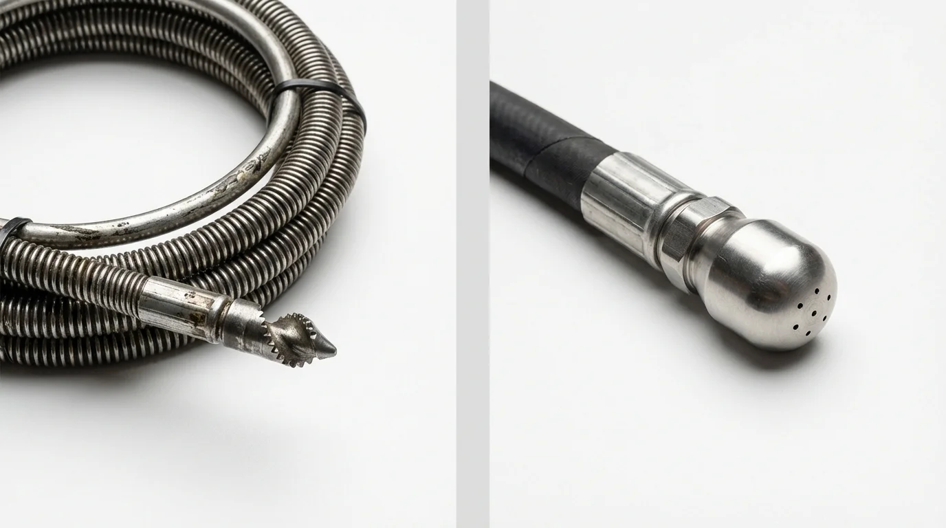 Drain snake cable and hydro jetting nozzle used for drain cleaning in Lake City, IA