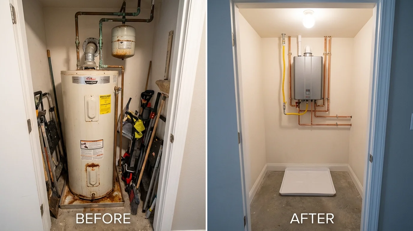 Tank water heater versus wall-mounted tankless unit comparison for Lake City, IA homeowners