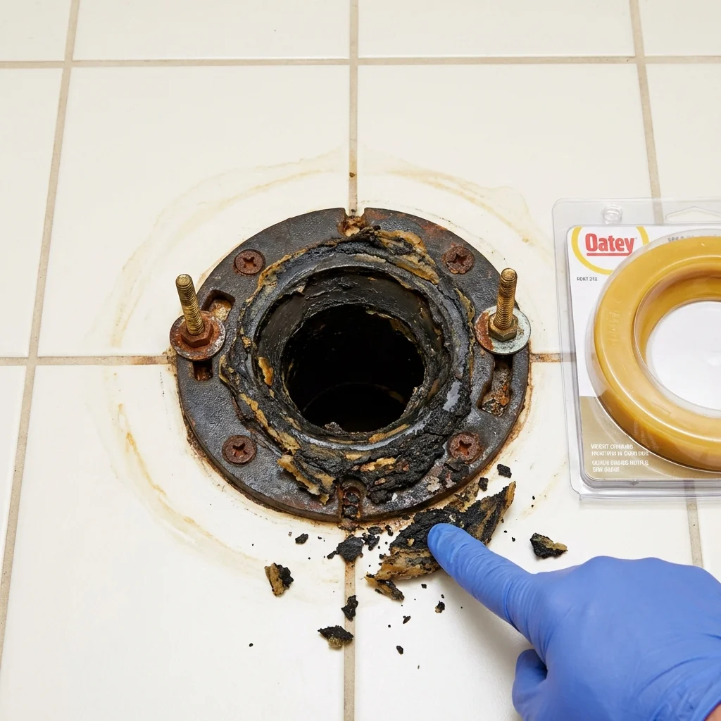 Failed wax ring showing water seepage at the base of a toilet in a Lake City, IA home