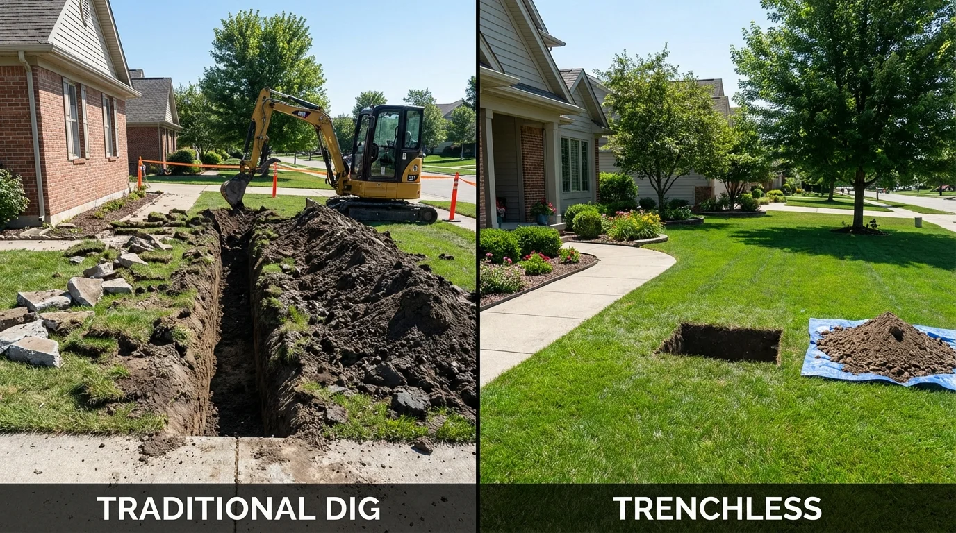 Trenchless sewer repair with minimal yard damage versus traditional excavation in Lake City, IA