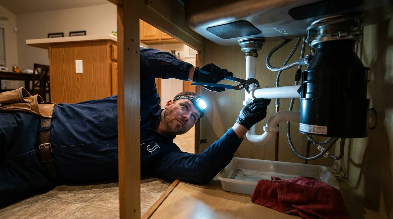 P-trap and supply line connections under a kitchen sink showing a common leak point in Lake City, IA